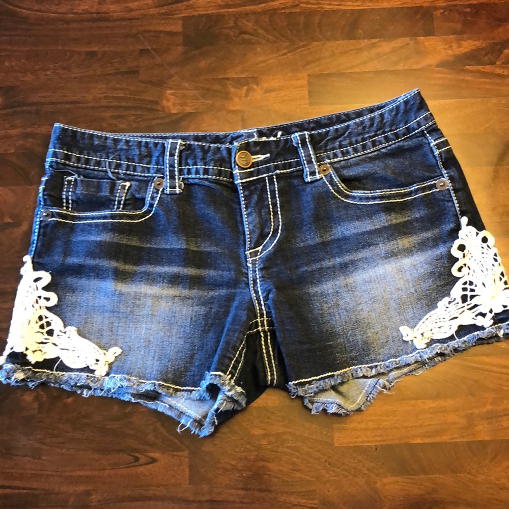 Maurice’s dark wash shorts with crochet detail